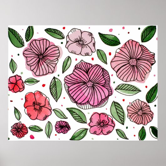 Poster Aquarelle et fleurs d'encre - rose et vert (Devant)