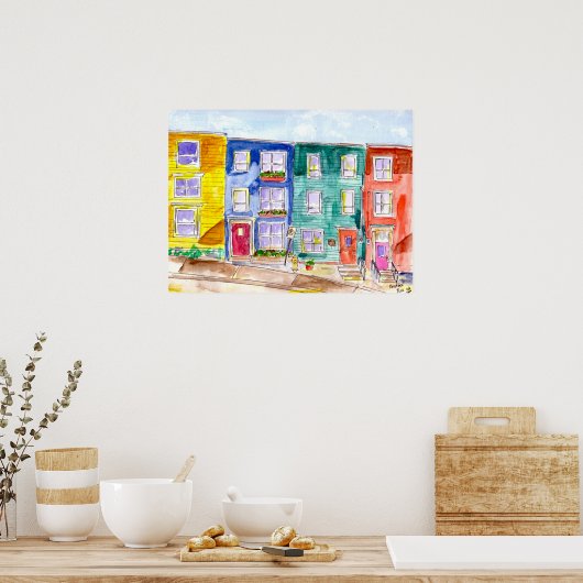 Poster Aquarelle et les maisons de rangée d'encre Illustr (Cuisine)