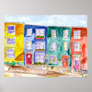 Poster Aquarelle et les maisons de rangée d'encre Illustr