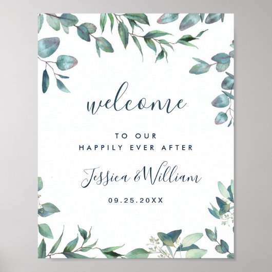 Poster Aquarelle Eucalyptus Mariage vert Bienvenue (Devant)