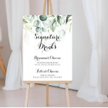 Poster Aquarelle Eucalyptus Verdure Signature Boissons<br><div class="desc">Cette enseigne de boissons aux couleurs de l'eau,  l'eucalyptus,  est parfaite pour un mariage rustique. Cette conception artistique présente un feuillage vert d'eucalyptus dessiné à la main,  aquarelle,  inspirant la beauté naturelle. Personnalisez le panneau avec les noms de la mariée et du marié et leur choix de boisson préférée.</div>