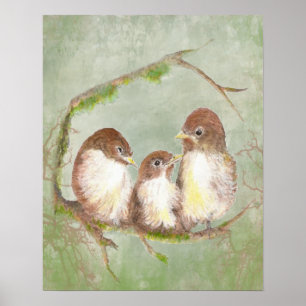 Poster Aquarelle Famille d'oiseaux moineaux