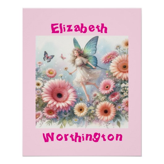 Poster Aquarelle fée fleurie typographie princesse rose (Devant)