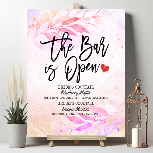 Poster Aquarelle Feuille Mariage Le bar est ouvert Menu b