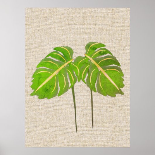 Poster Aquarelle Feuille Monstera sur lin (Devant)