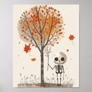 Poster Aquarelle Feuilles d'automne squelette Halloween m