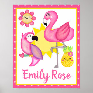 Poster Aquarelle flamant rose et perroquet d'été tropical