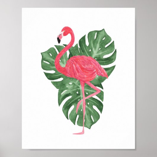 Poster Aquarelle Flamant rose rose Tropical Feuilles Mons (Devant)