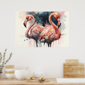 Poster Aquarelle Flamants roses rose Tropical (Cuisine)