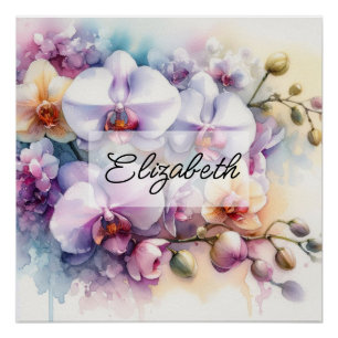 Poster Aquarelle fleurie et nom de l'orchidée tropicale