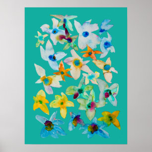 Poster Aquarelle fleurs bleues blanches