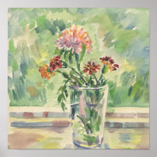 Poster Aquarelle fleurs dans un verre pas une fenêtre