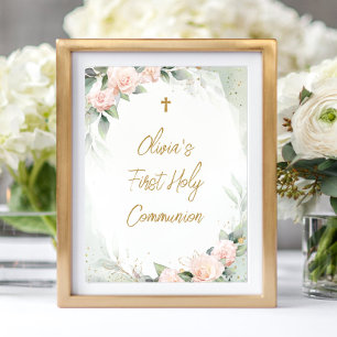 Poster Aquarelle Fleurs roses Croix première sainte Commu