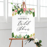 Poster Aquarelle Fleurs tropicales Fête des mariées Bienv<br><div class="desc">Aquarelle Fleurs tropicales Affiche de bienvenue Fête des mariées. Panneau de bienvenue à la nuptiale florale personnalisable avec des illustrations aquarelles de plumeria, hibiscus, orchidées, oiseaux de paradis, feuilles de palmiers, feuilles de bananes et philodendron à feuilles cassées. Ce panneau d'accueil botanique est parfait pour les douches à thème tropicales....</div>