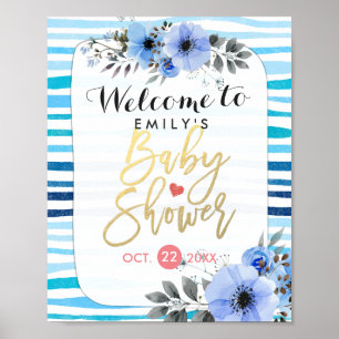 Poster Aquarelle Floral Bleu Stripes Baby shower Bienvenu
