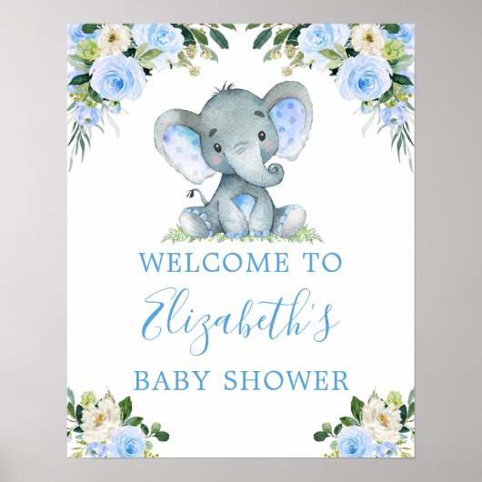 Poster Aquarelle Floral Blue Elephant Baby shower (Devant)