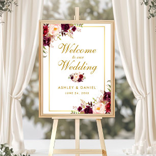 Poster Aquarelle Floral Bourgogne Gold Mariage Bienvenue