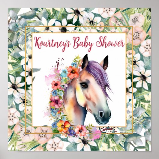 Poster Aquarelle Floral Horse Baby shower (Devant)