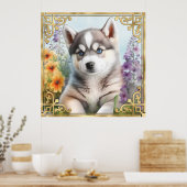 Poster Aquarelle Floral Husky Sibérien avec cadre Or (Cuisine)