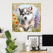 Poster Aquarelle Floral Husky Sibérien avec cadre Or (Bureau à domicile)