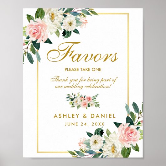 Poster Aquarelle Floral Rose Blush Mariage Gold Faveurs (Devant)