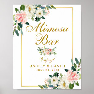 Poster Aquarelle Floral rose Mariage or Mimosa