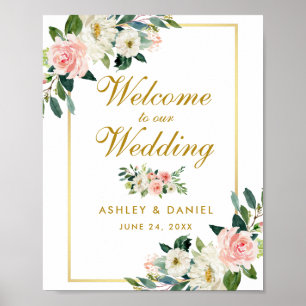 Poster Aquarelle Floral rose Mariage or Welcome