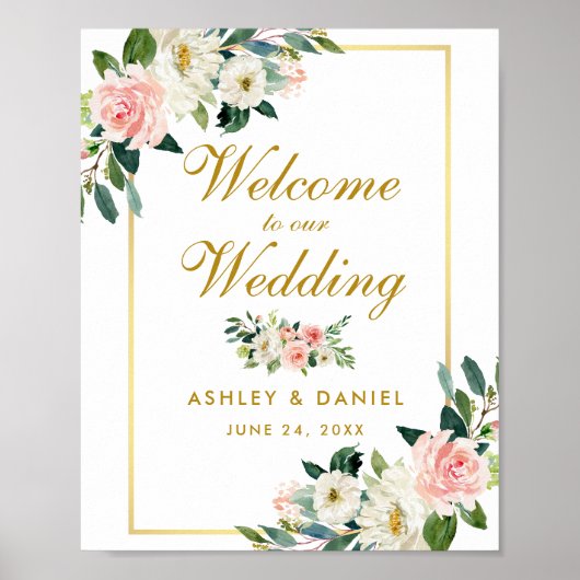 Poster Aquarelle Floral rose Mariage or Welcome (Devant)