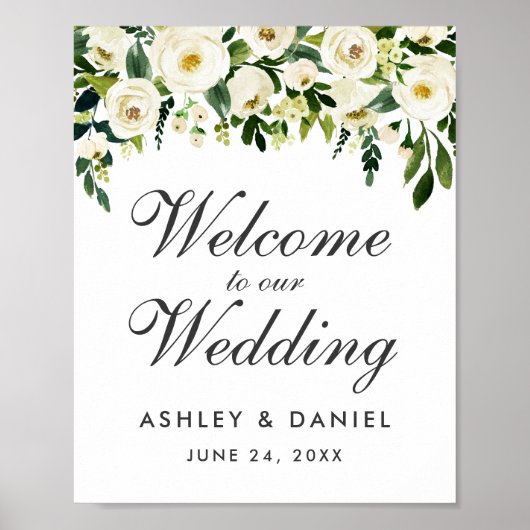 Poster Aquarelle Floral Vert Blanc Mariage Bienvenue (Devant)