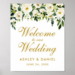 Poster Aquarelle Floral Vert or Mariage Bienvenue