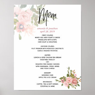 Poster Aquarelle florale Blush et Rose Gold Mariage Menu
