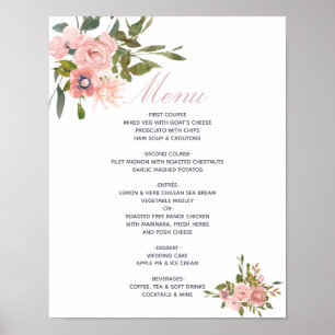 Poster Aquarelle florale Blush Pink Roses Menu Mariage