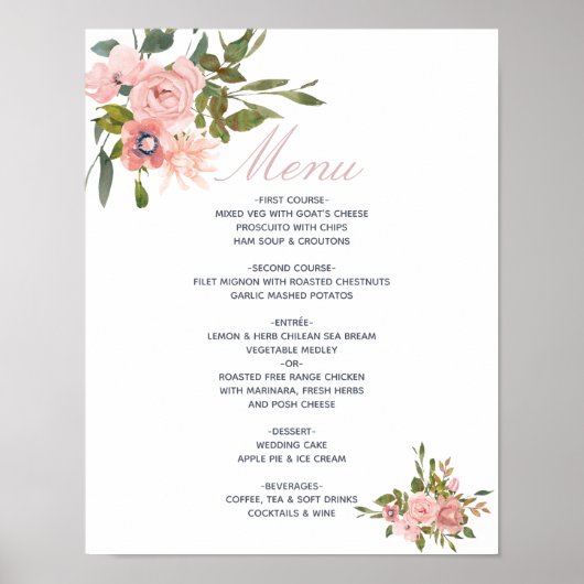 Poster Aquarelle florale Blush Pink Roses Menu Mariage (Devant)