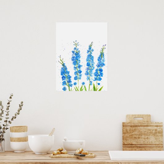 Poster Aquarelle florale de delphinium bleu élégant rusti (Cuisine)