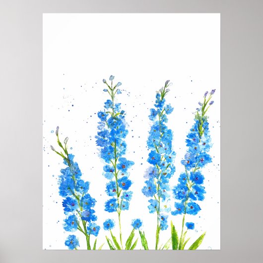 Poster Aquarelle florale de delphinium bleu élégant rusti (Devant)
