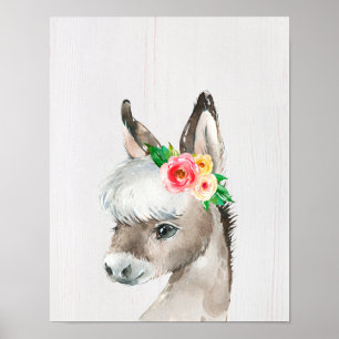Poster Aquarelle Florale Donkey Farmhouse Style Art