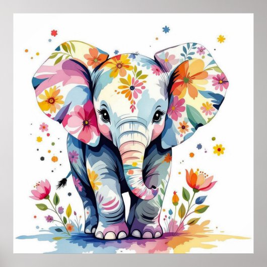 Poster Aquarelle florale Eléphant (Devant)
