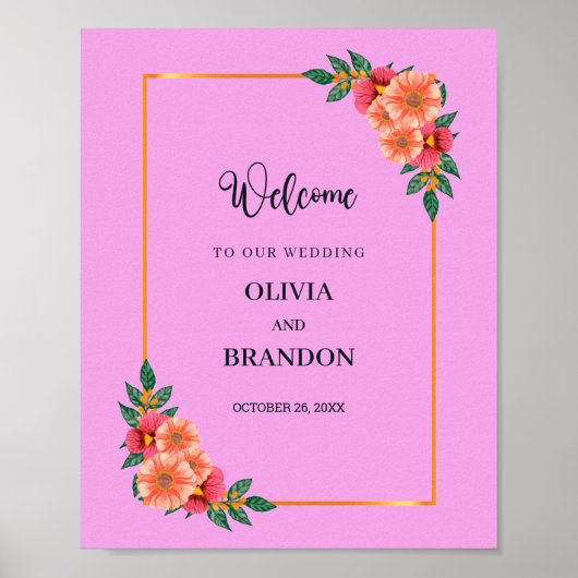 Poster Aquarelle Florale en Mariage Gold Frame Bienvenue (Devant)