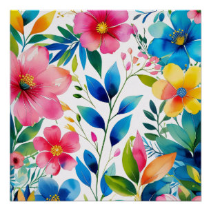 Poster Aquarelle Florale - Fleurs Jaunes Bleues Rose