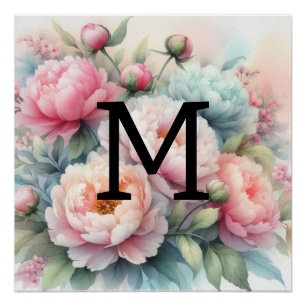 Poster Aquarelle florale monogramme bleu rose