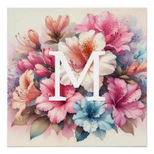 Poster Aquarelle florale monogramme rose azalée bleue