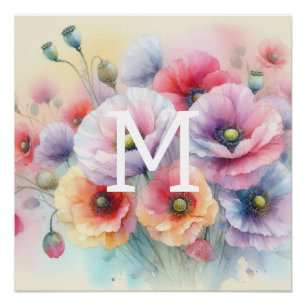 Poster Aquarelle florale monogramme rose fleurs de pavot
