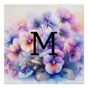Poster Aquarelle florale monogramme rose pourpre panses