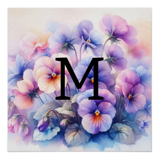Poster Aquarelle florale monogramme rose pourpre panses (Devant)