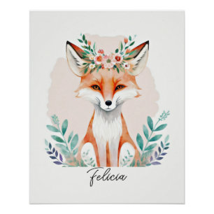 Poster Aquarelle florale renard personnalisé