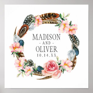 Poster Aquarelle Florale Wreath avec plumes MARIAGE