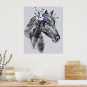Poster Aquarelle Flower Crown Black Horse Portrait (Cuisine)