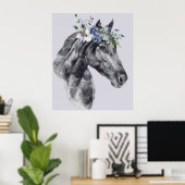 Poster Aquarelle Flower Crown Black Horse Portrait (Bureau à domicile)