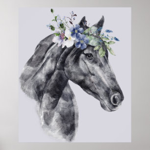 Poster Aquarelle Flower Crown Black Horse Portrait