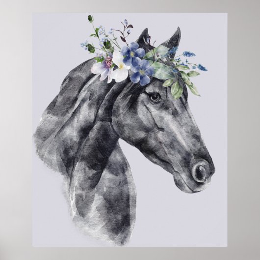Poster Aquarelle Flower Crown Black Horse Portrait (Devant)
